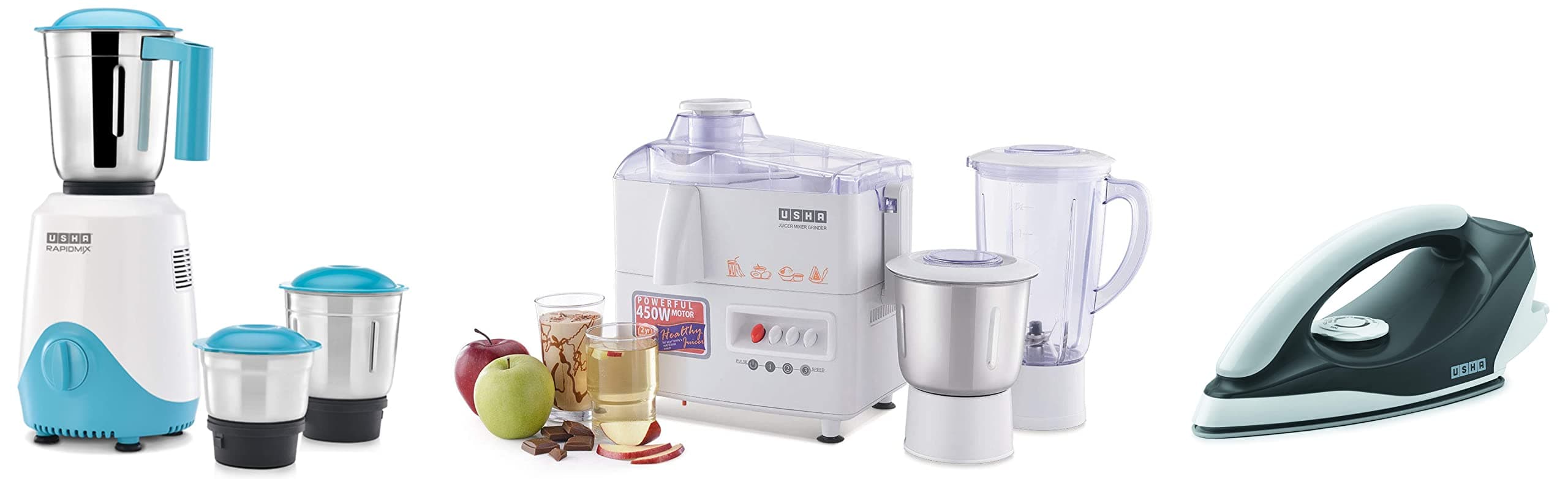 USHA RapidMix 500-Watt Copper Motor Mixer Grinder (Sea Green/White) & Dry Iron (Black) & Usha 3345 450-Watt Juicer Mixer Grinder with 2 Jars (White)