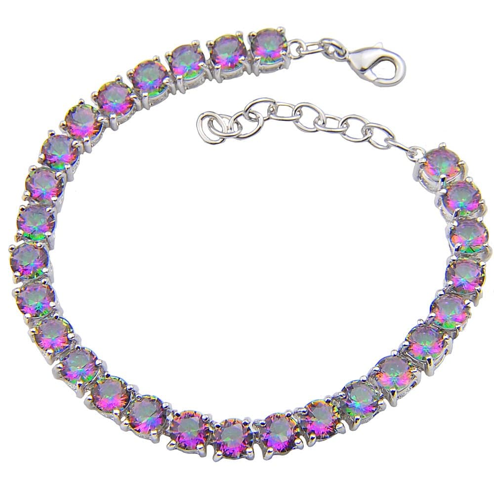 Luckyshine Silver and Round Fire Rainbow Mystic Topaz Gems Chain Bracelet Bangles Gifts for Women Jewelry