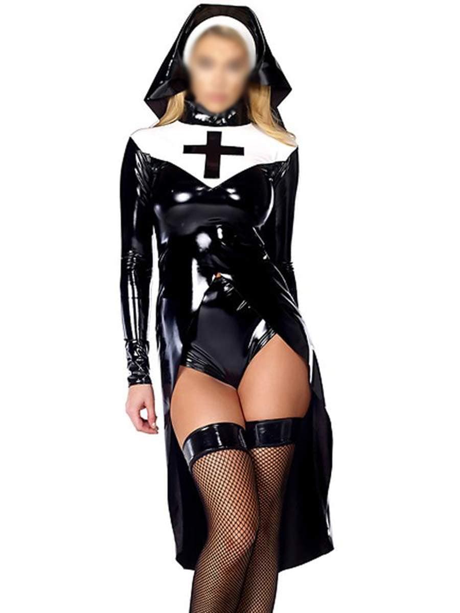 Xinbeauty Women Sexy Faux Leather Lingerie Nun PVC Halloween Costume Cosplay Costume Fancy Dress