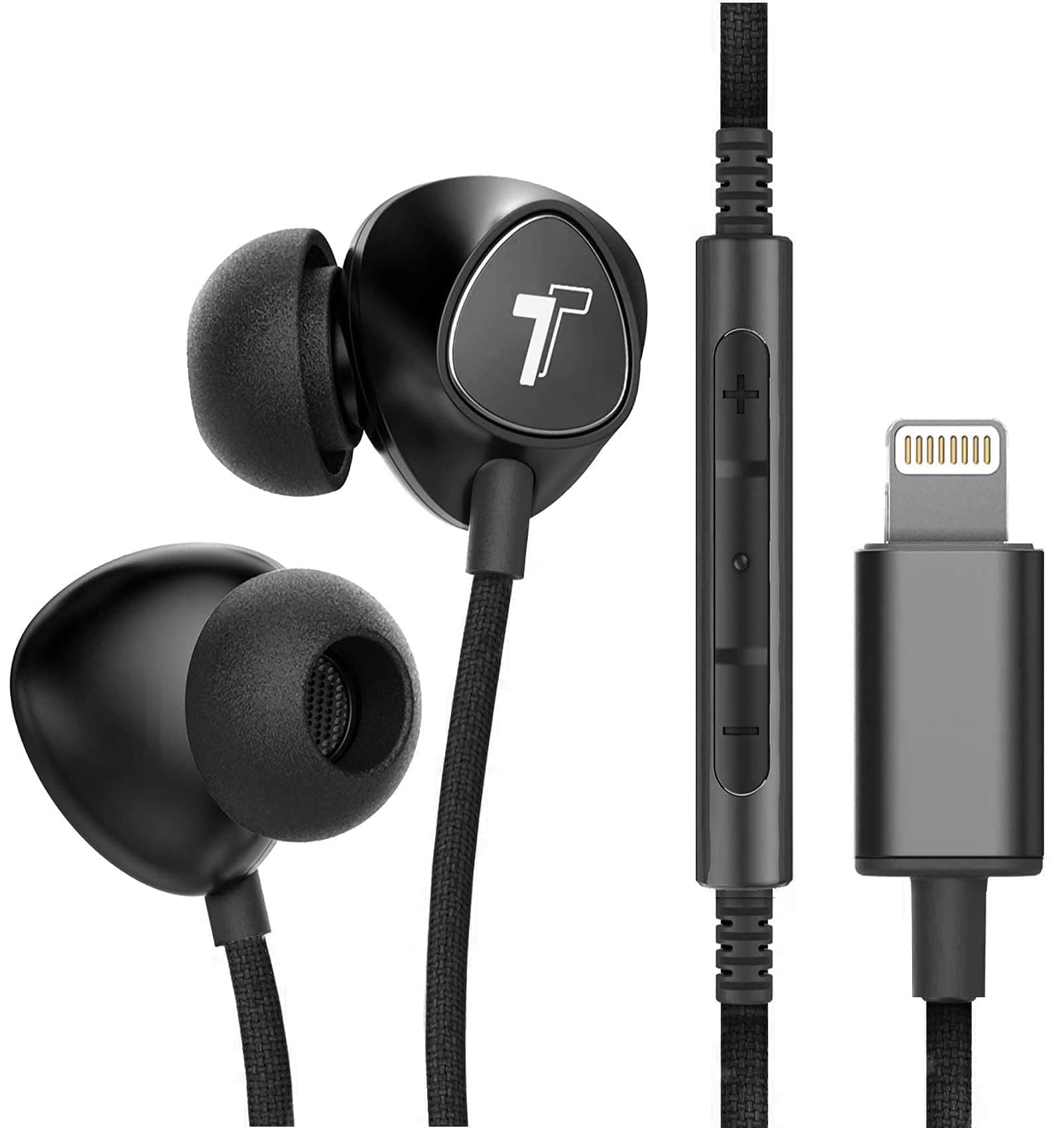 iPhone Earphones (Apple MFi Certified) V110 in Ear Braided Wired Lightning Earbuds (Sweat/Water Resistant) Headphones with Mic/Volume Remote for iPhone 14/13/12/11/Pro Max - Black