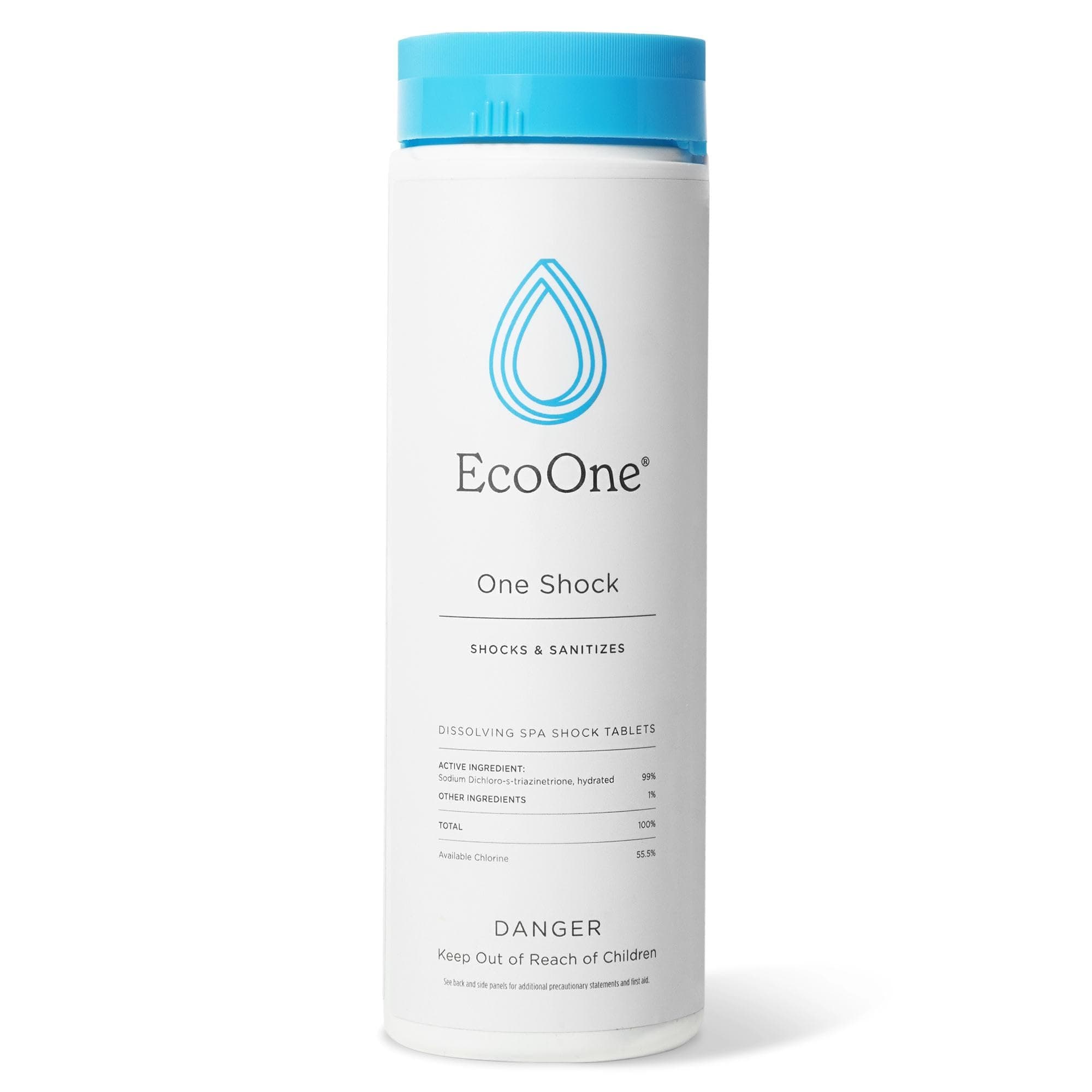 One Shock by EcoOne | Chlorine Tablets for Hot Tub Shock & Sanitization | Sodium Dichloro-Triazinetrione Dihydrate with 55% Available Chlorine | 64 Pre-Measured Self-Dissolving Chlorine Tabs, 2 Lbs