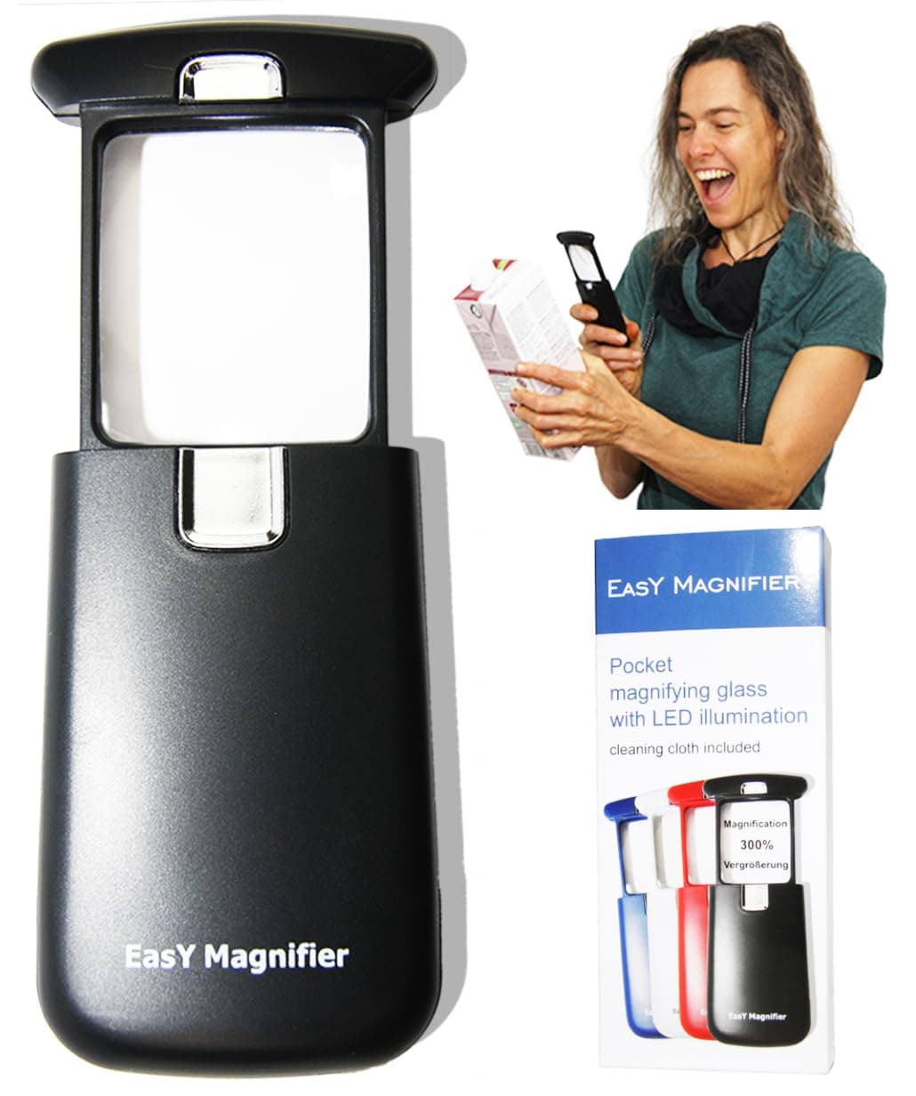 EasY Magnifier Original Pocket Led Magnifying Glass With Light 3x Small Hand Held Lighted Magnify Glasses For Close Work Reading Books Kids Toy; Mini Lens For Visually Impaired As Low Vision Aids