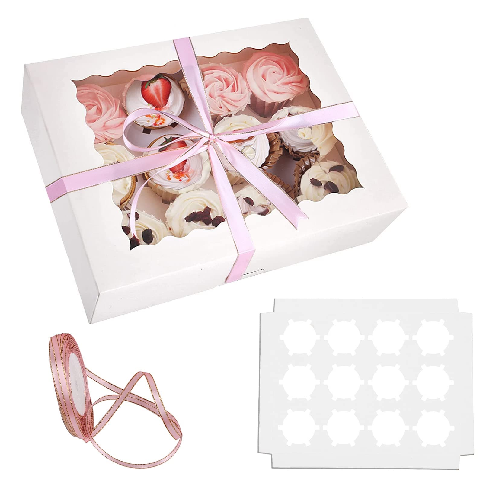 SUPERFA 10Pcs 12 Hole Cupcake Boxes with Window for Home Baking and Cake Shop (No Folding) (White)