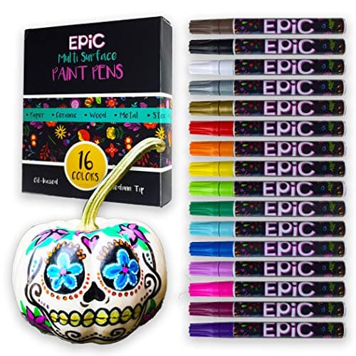 Epic Oil Based Paint Markers - Paint for Pumpkins - Permanent Opaque Paint for Metal, Glass, Ceramic, Porcelain, Wood, Fabric, Canvas, Rubber - Medium Tip - 16 Popular Colors - Halloween