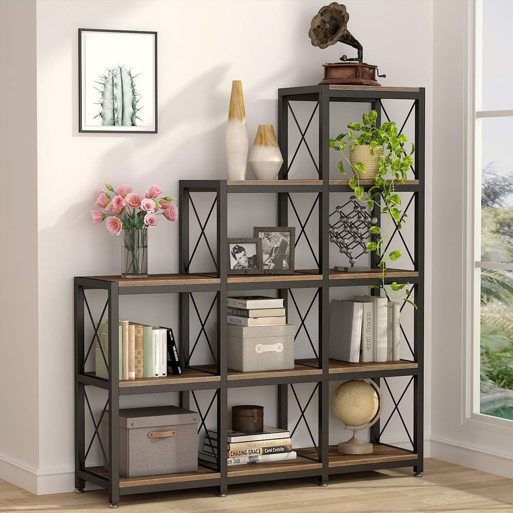 Tribesigns 12 Book shelf, Ladder Corner Bookshelf 9 Cubes Stepped Etagere Bookcase, Rustic 5-Tier Display Shelf Storage Organizer for Home Office (Rustic Brown)