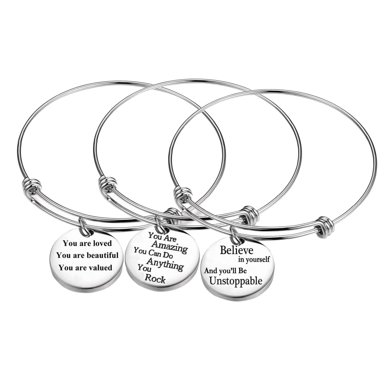 3 Pack Women Engraved Message Inspirational Words Round Charm Bracelets Set Expandable Silver Plated Stainless Steel Motivational Bangle Bracelet