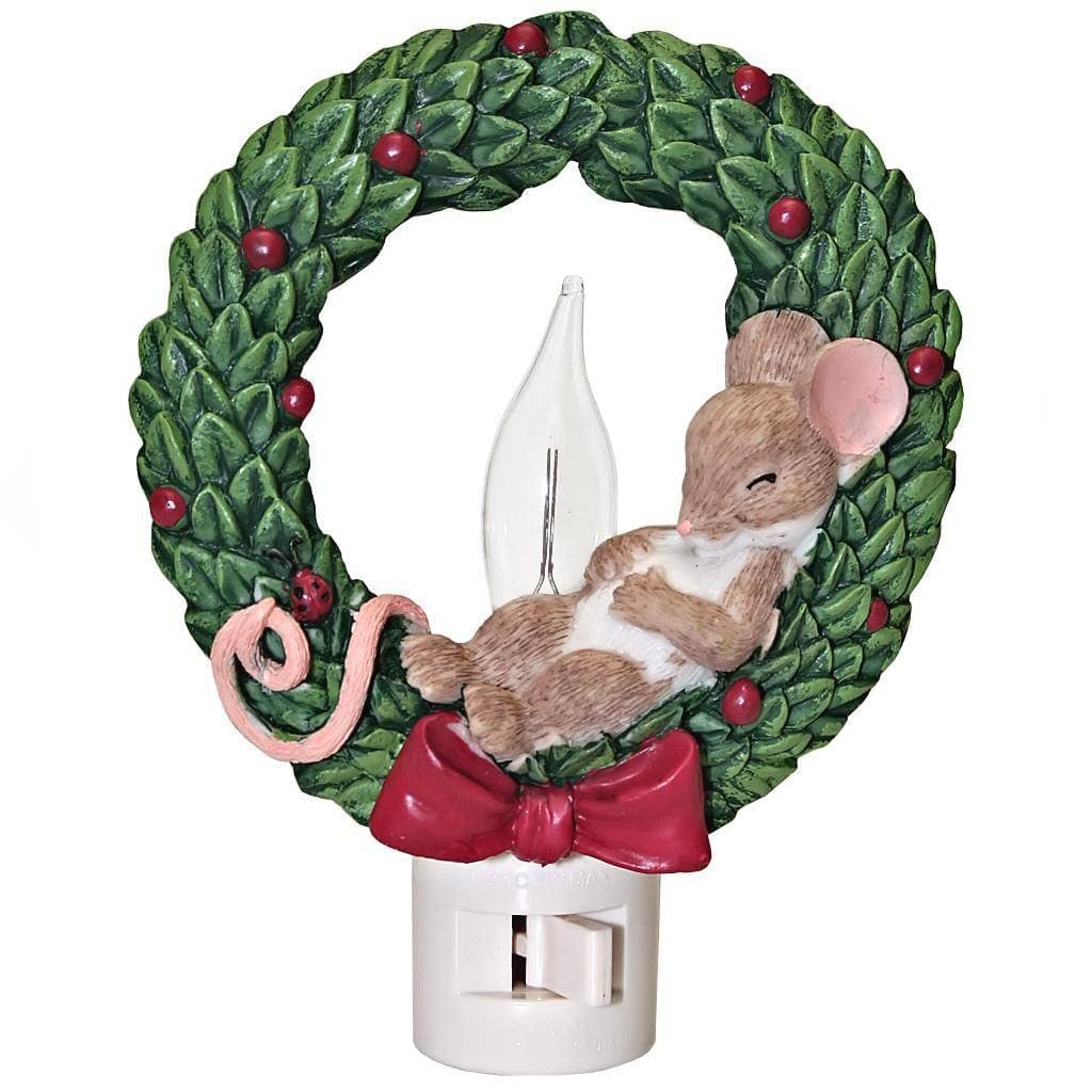 Charming Tails Mouse Sleeping Inside Wreath 5.75 Swivel Base Plug-in Flickering Nightlight