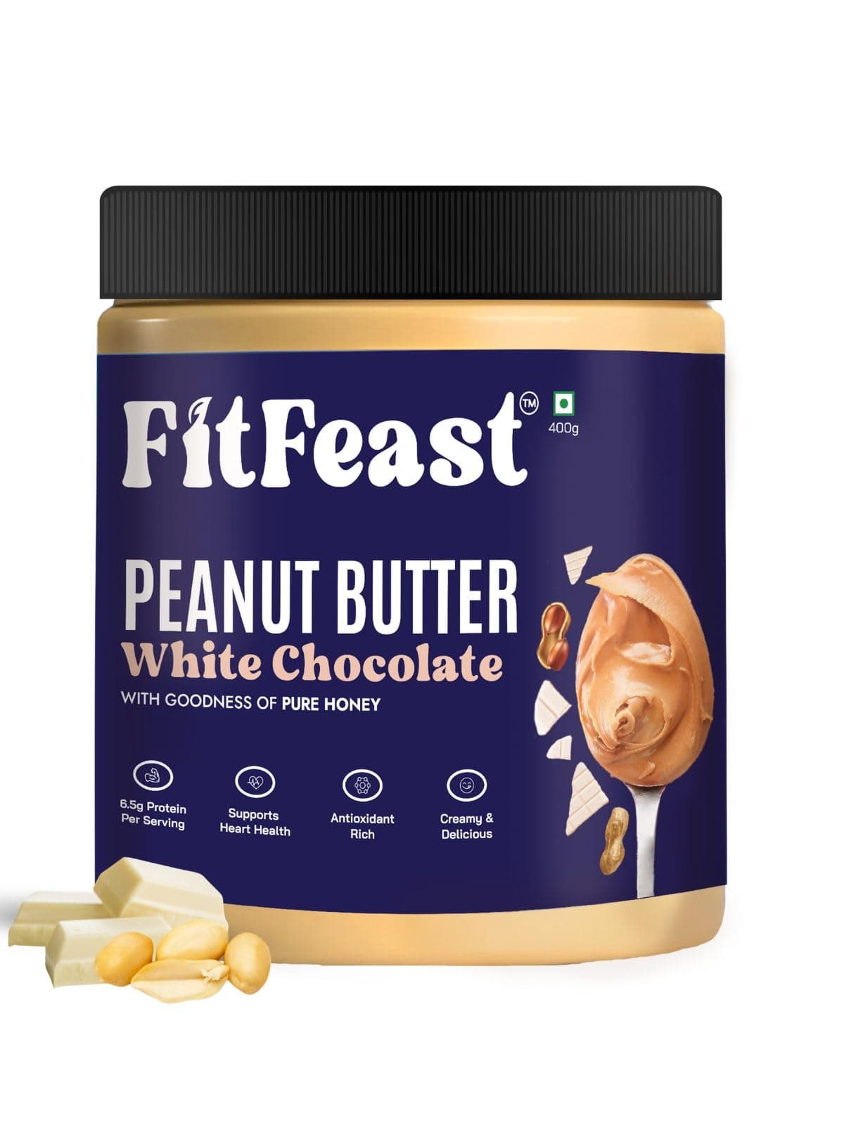 FitFeast White Chocolate Peanut Butter | 400g | Pack of 1 | Dessert-Like Taste | No Trans Fats | No Hydrogenated Oils | Naturally Sweetened With Eucalyptus Honey | 7g Protein Per Serving | Ideal Nut Butter for All | 20g Protein per 100g | Low Added Sugar | As Seen on Shark Tank