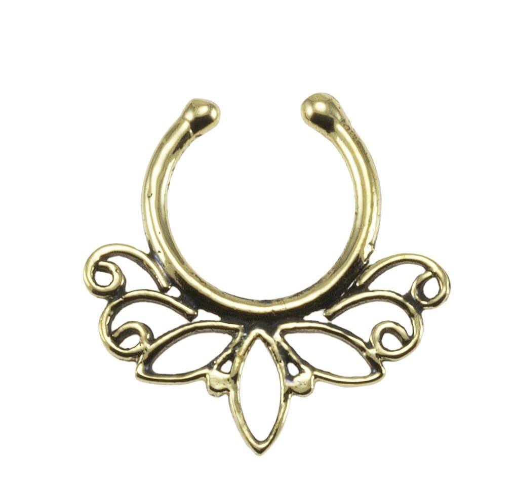 Brass Tribal Lotus Design Fake Septum Ring - 7mm (0.3") Inner Hoop with Adjustable Opening