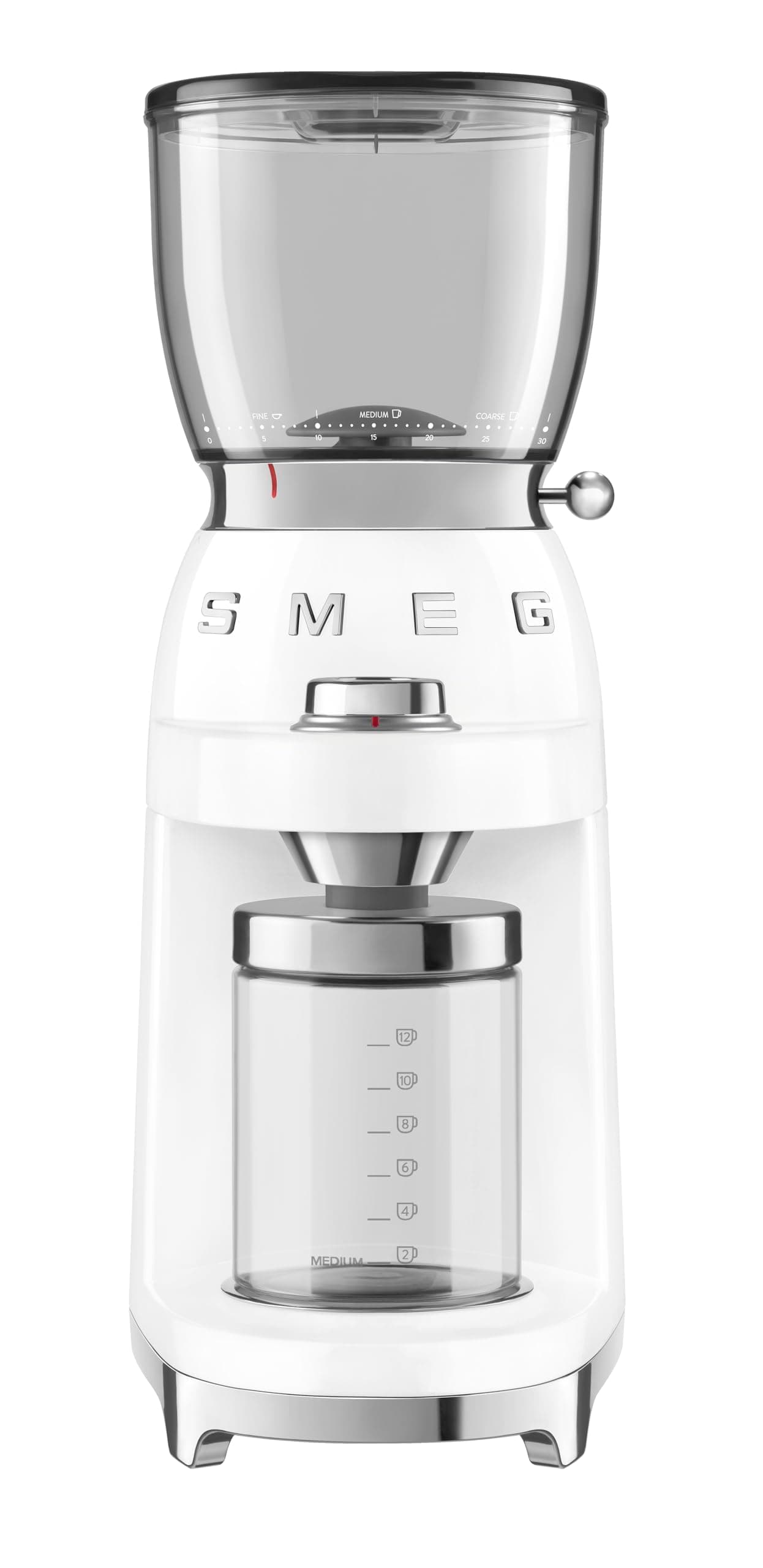 Smeg CGF01WHUK 50’s Retro Style Coffee Grinder, 8 Functions for Up to 12 Cups, 30 Grind Settings, 350 Grams Tritan™ Beans Container, Stainless Steel, White, 1 Year Warranty