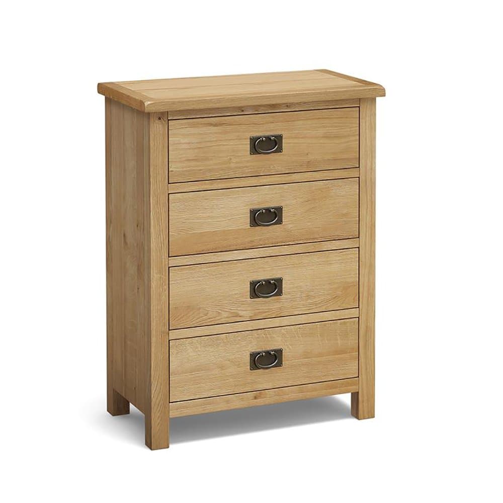 RoselandFurniture Surrey Oak 4 Drawer Chest of Drawers | Tall Traditional Rustic Solid Wooden Waxed Finish Storage Draws with Drop Handles for Bedroom, Fully Assembled 93cm x 70cm