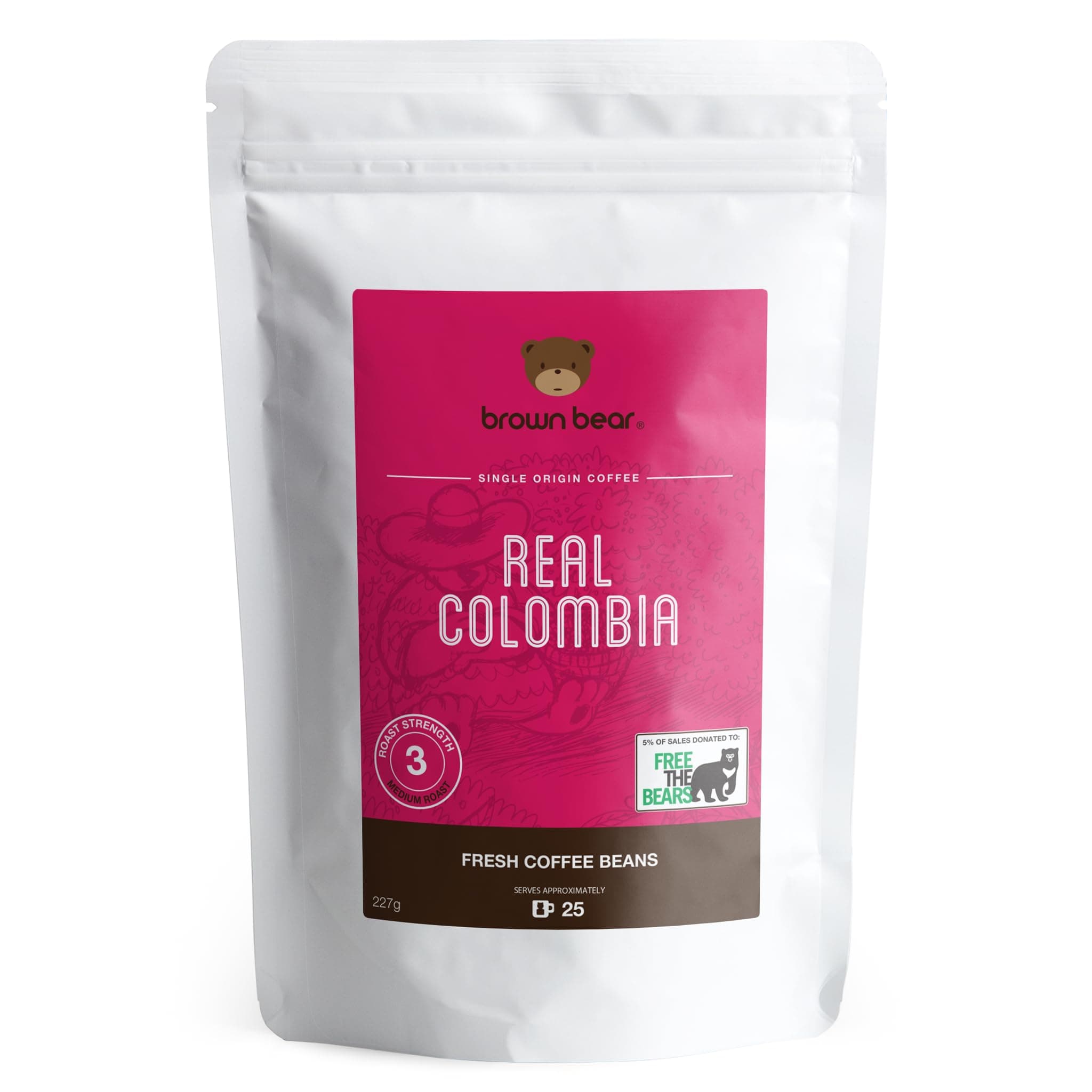 Colombian Coffee Beans 227g - Medium Roast - for All Coffee Machines - Brown Bear Colombia Arabica Coffee - Strength 3 - Donation to Free The Bears - Columbia