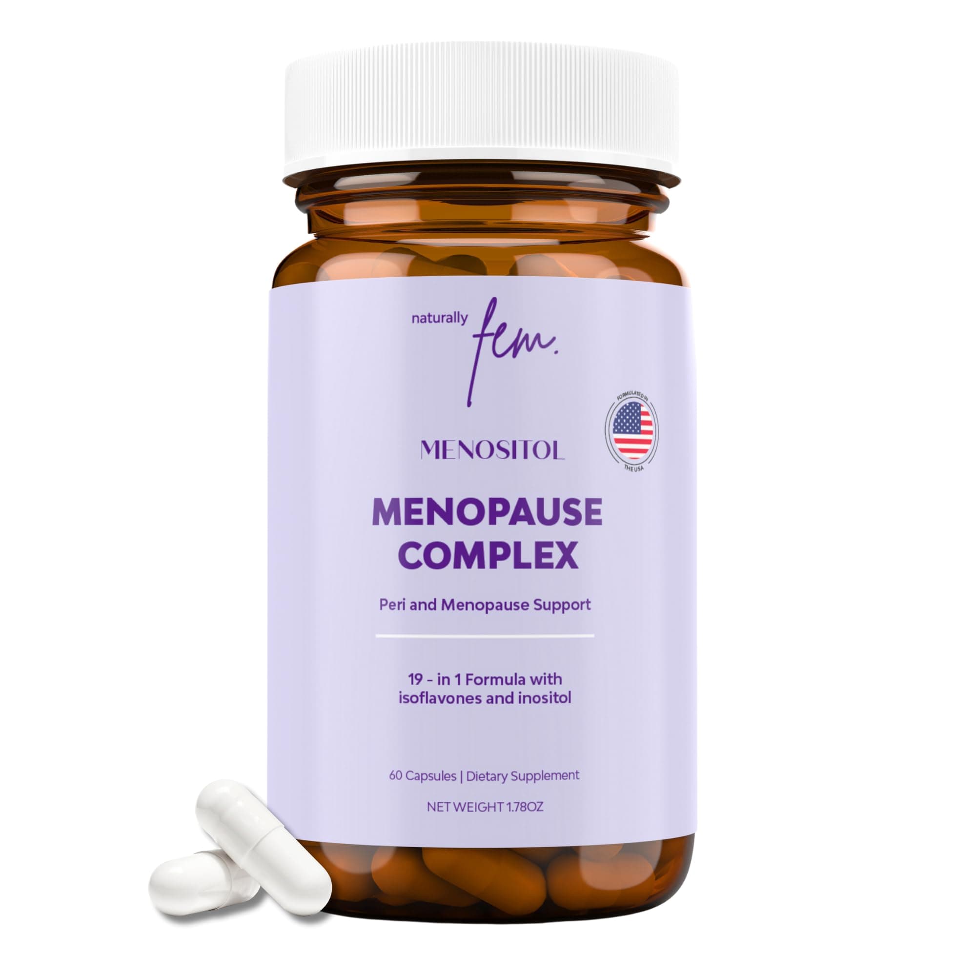 Inositol FEM Menositol 19-in-1 60Caps, Perimenopause & Menopause Supplements for Women Weight Loss with Myo-Inositol, D-chiro and Isoflavones, Control Metabolic Health, 100% Natural, Hormone, SoyFree