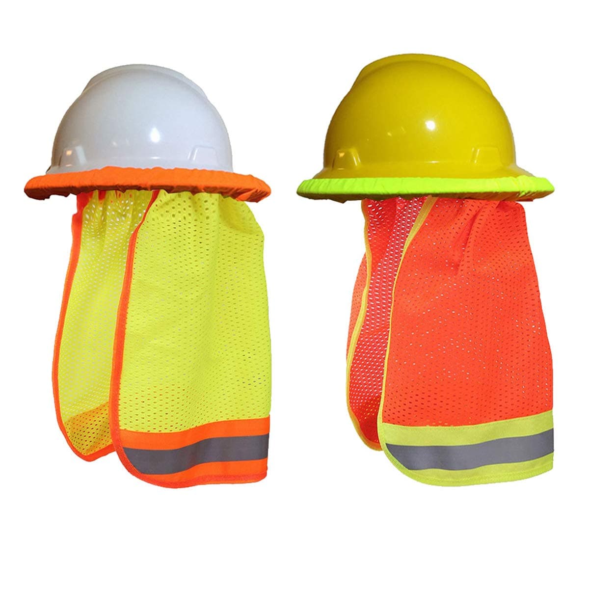 EXBOM 2 Pack Summer Sun Shade Hard Hat Mesh Neck Shield with Safety High Visibility Reflective Stripe, Yellow, Orange(Hard Hat NOT Included)
