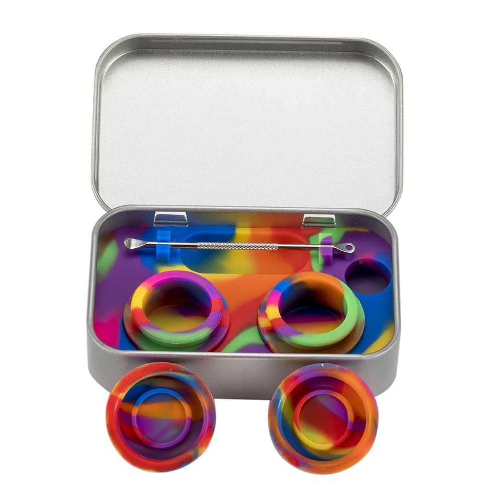 XIFEI portable stainless steel tin box 2-5ml silicone container jars,non-stick storage wax carrying case with extra stainless steel spoons (7 colors)