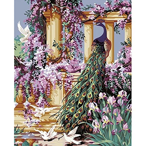 Tonzom Wooden Framed Paint by Number Kits DIY Canvas Oil Painting for Kids, Students, Adults Beginner – Peacock and Flower 16x20 inch with Brushes and Acrylic Pigment