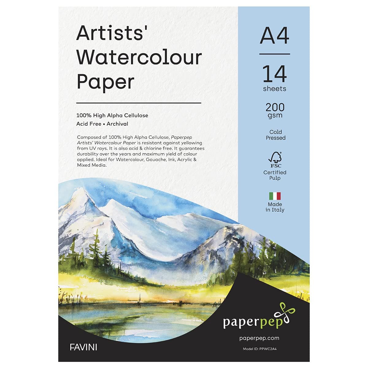 PaperPep Artists' Watercolour Paper 200GSM Cold Pressed A4 Pack of 14 for Watercolour, Gouache, Ink, Acrylic, Wet & Mixed Media, Art Painting, Drawing for Artists' & Amateurs