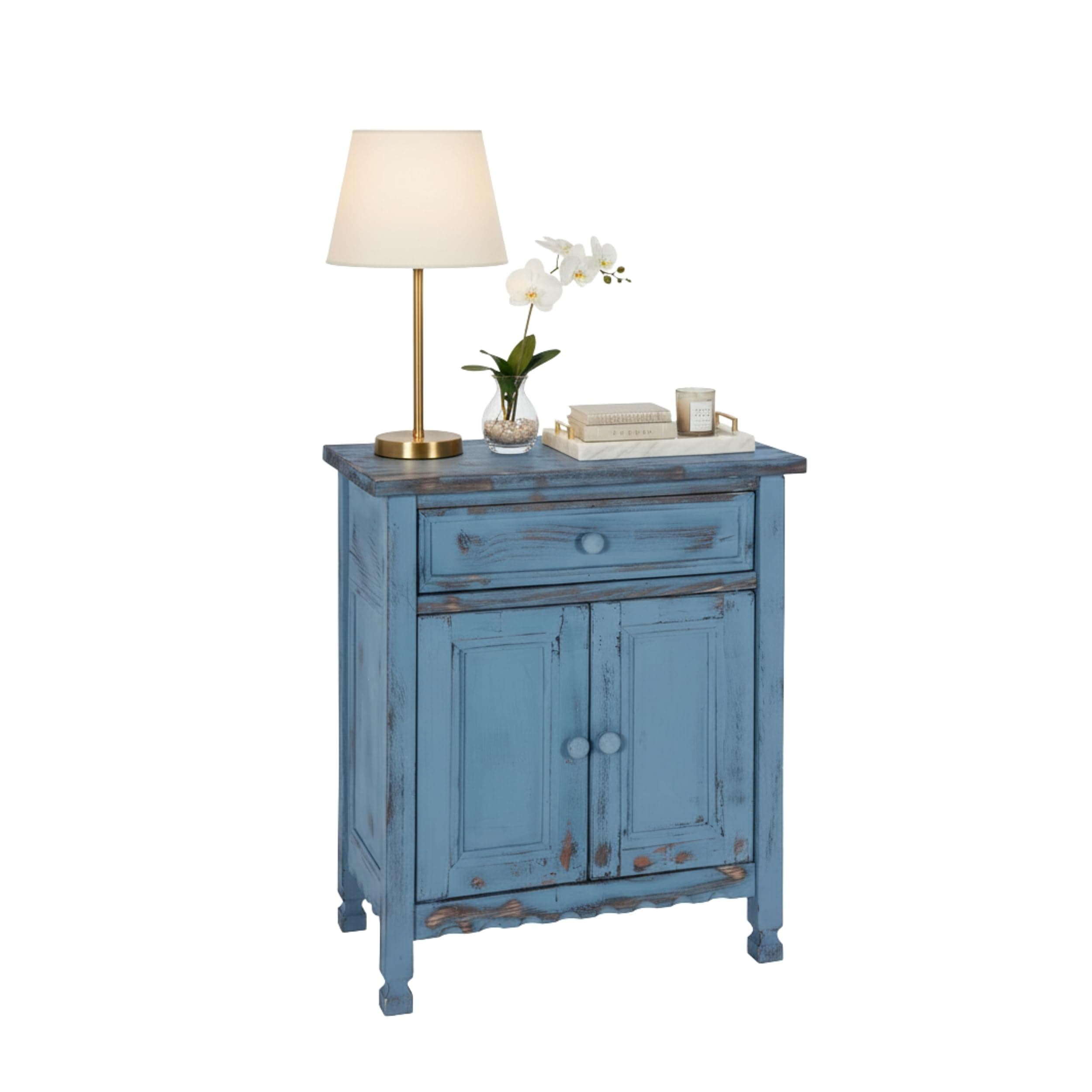 Rustic Cottage Accent Cabinet with 1 Drawer and 2 Doors in Blue Antique Finish for Living Room - Assembly Req'd., Distressed Wood, Adjustable/Removable Shelf