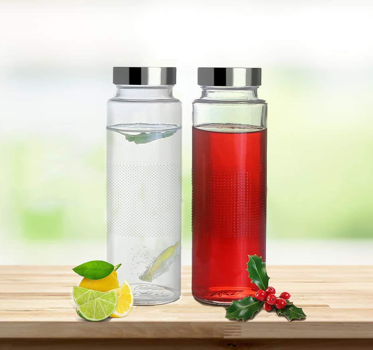 Glass Food Grade Airtight Water Bottle with Leak-Proof Stainless Steel Lid - Water, Smoothie, Juicer and Beverage Glasses - 500ml (Set of 2)