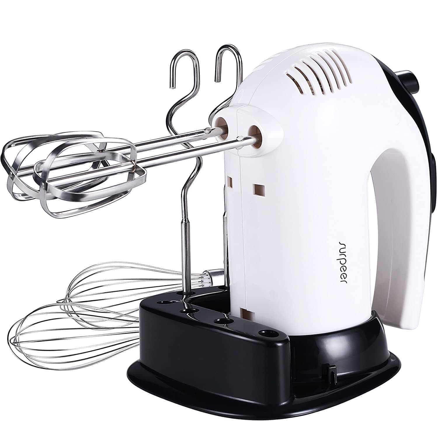 Hand Mixer Electric Whisk for Baking, SURPEER Hand Held Food Mixers 300W,5 Speed Egg Beater with Storage Base,2 Dough Hooks,2 Balloon Whisks, 2 Beaters, White/Black