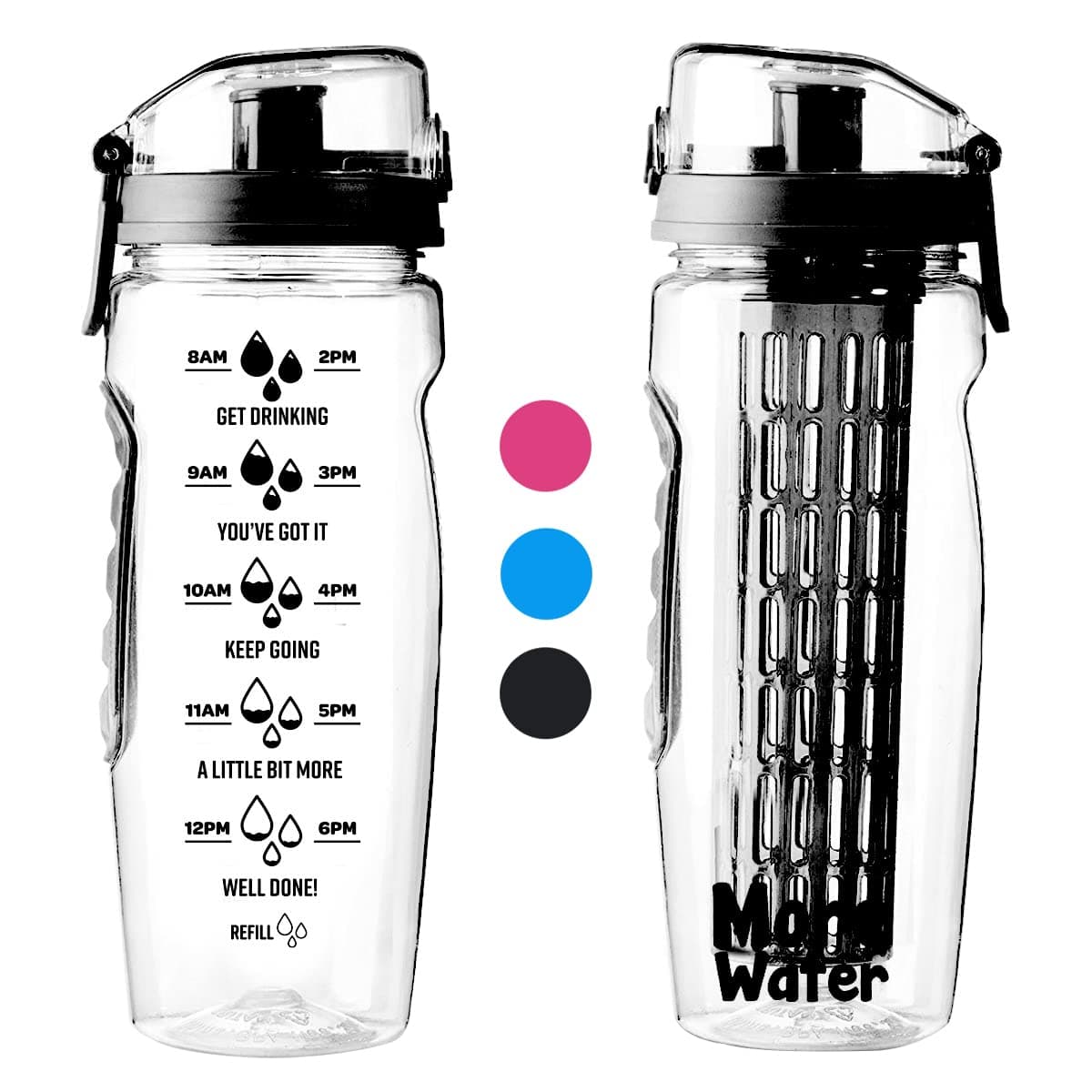 Water Bottle With Fruit Infuser + Time Markings - Motivational Diffuser Litre Drinking Bottles - Times To Drink