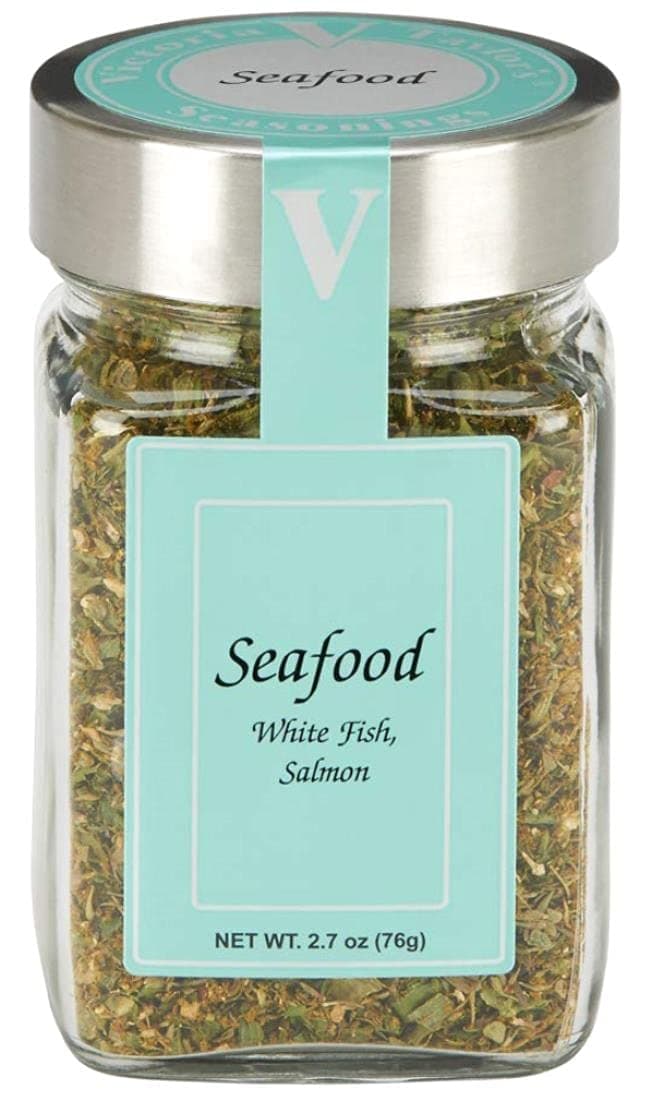 Seafood Seasoning - 2.7 oz Jar - All Natural Spices and Vegetables - Victoria Gourmet - Chives, thyme, oregano, lemon, onion, sage, parsley and red bell pepper & more combined to make the perfect seasoned piece of fish; salt free.