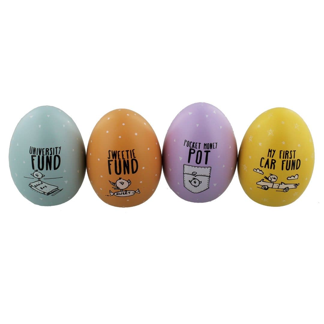 Eggcellent Smashable Set 4 Savings Egg Pots Kids Sweetie Uni Car Fund Money Box Easter Gift