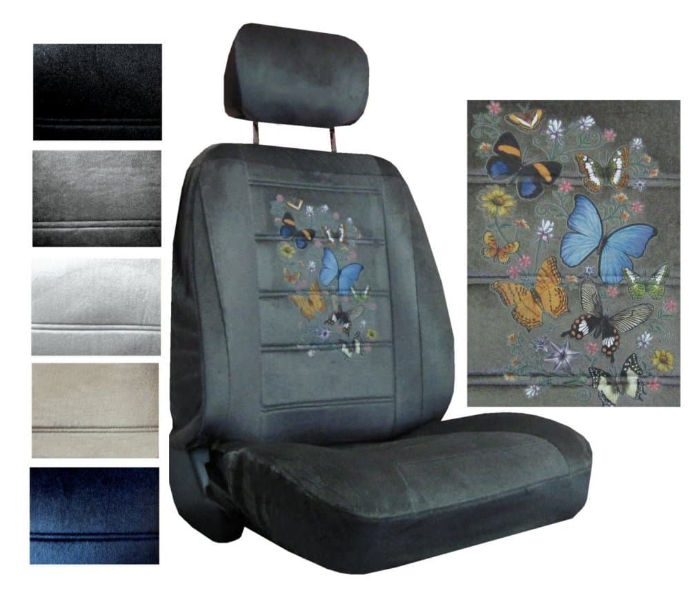 Seat Cover Connection Butterflies and Flowers print 2 Low Back Bucket Car Truck SUV Seat Covers with 2 Head Rest Covers - Charcoal Grey