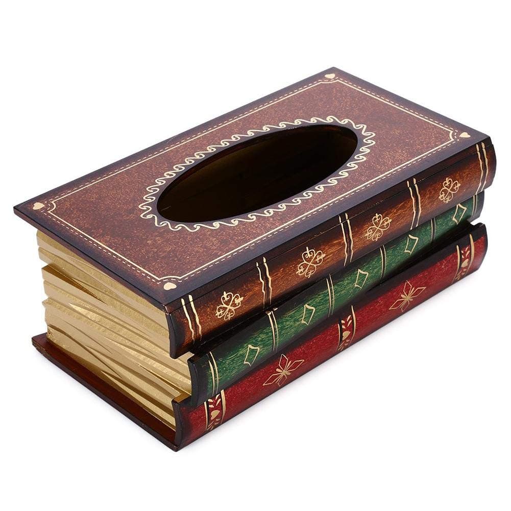 Besteffie Rectangle Tissue Box Cover, Antique Book Design Vintage Wood Toilet Tissue Box Holder, Large Handmade Decorative Tissue Dispenser
