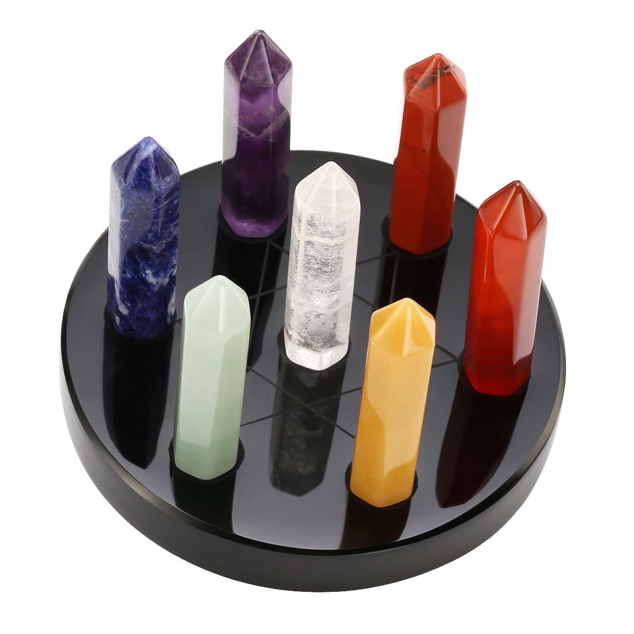 Top Plaza 7 Chakra Healing Crystals Wands Quartz Reiki Energy Tumbled Stones Set Hexagonal Points Array Statue Figurines W/Stand (Black Obsidian Stand 3 ×1.8 Inches)