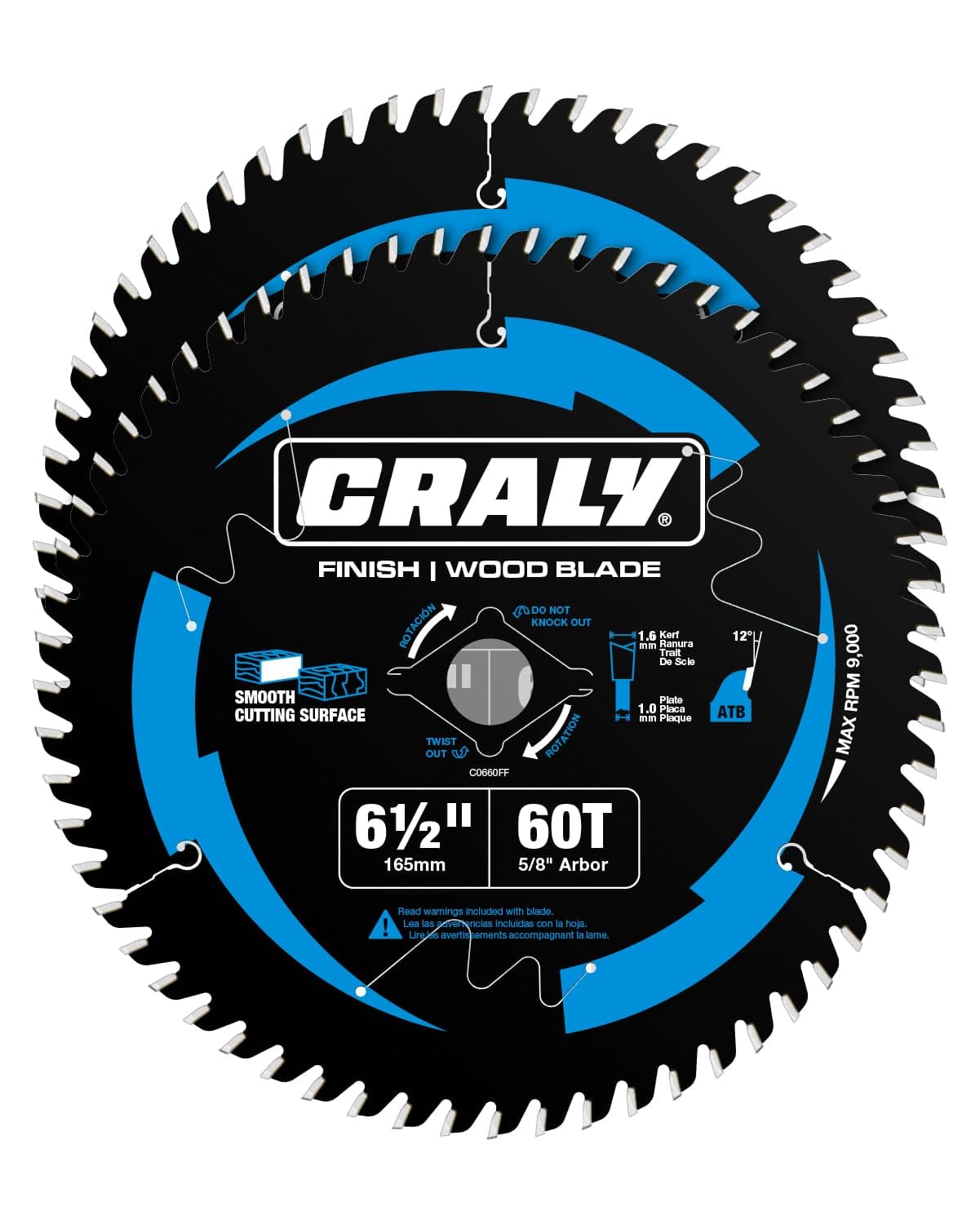 CRALY 6-1/2 Inch 60 Teeth Ultra Fine Finish Wood Cutting Circular Saw Blade, 5/8 Inch Arbor, Carbide Tipped, Thin Kerf, Black Ice™ Coating, for Plywood, MDF, OSB, Laminated, 2-Pack(C0660FF-2)