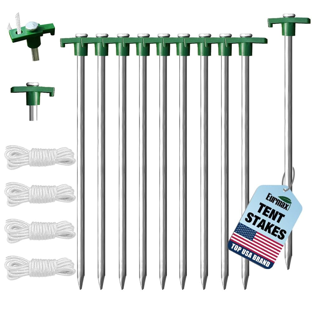 Eurmax USA Galvanized Non-Rust Camping Family Tent Pop Up Tent Stakes Canopy Anchors Heavy Duty 10pc-Pack, with 4x10ft Ropes & 1 Green Stopper