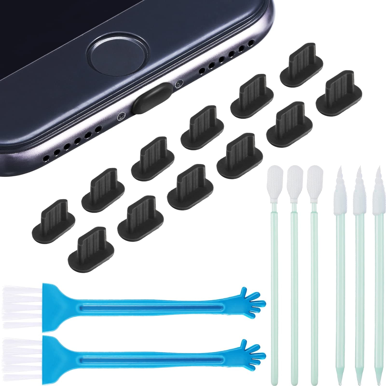 Tatuo Anti Dust Plugs Compatible with iPhone 5/6/ 7/8/ X/XS, Included Phone Port Cleaning Brush Kit, Cell Phone Speaker Cleaning Brushes and Phone Receiver Cleaning Brush Set (24 Pieces)