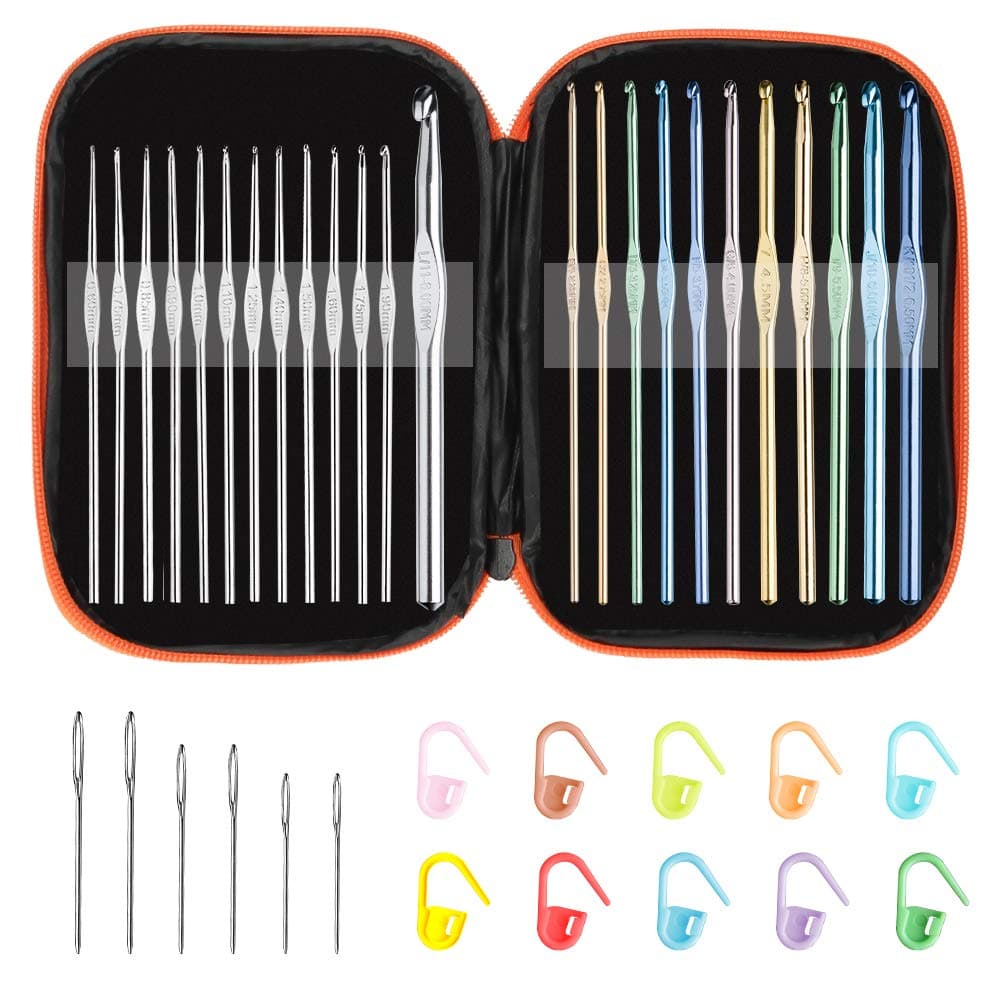 - Tomorotec 41Pcs Multi-Color Metallic Crochet Hooks Set, Art Aluminum Knitting Needles for Yarn Craft Set with Sylish Storage Bag, Stitch Markers and Big Eye Needles