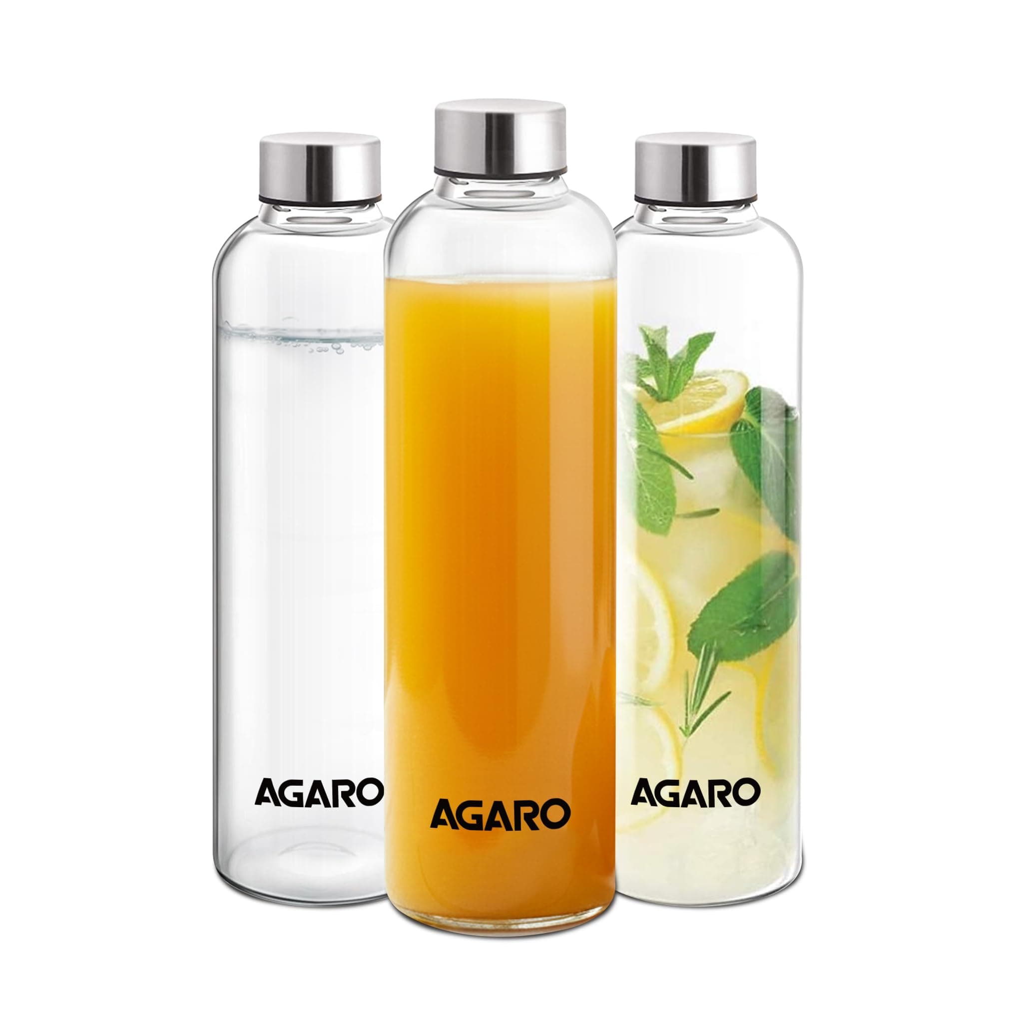 AGARO Elite Borosilicate Glass Water Bottles, Pack of 3, 1000ml Capacity Each, Microwave & Freezer Safe, Leak Proof & Airtight Lid, Scratch Resistant, Transparent.
