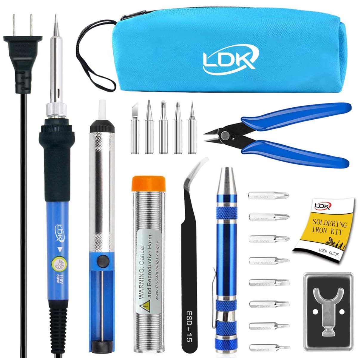 LDK Electric Soldering Iron Kit 60W, Adjustable Temperature with 5pcs Different Tips, Desoldering Pump, Stand, anti-static Tweezers, Solder Tube, Screwdriver, Cutter and Carry Bag for Repaired Usage