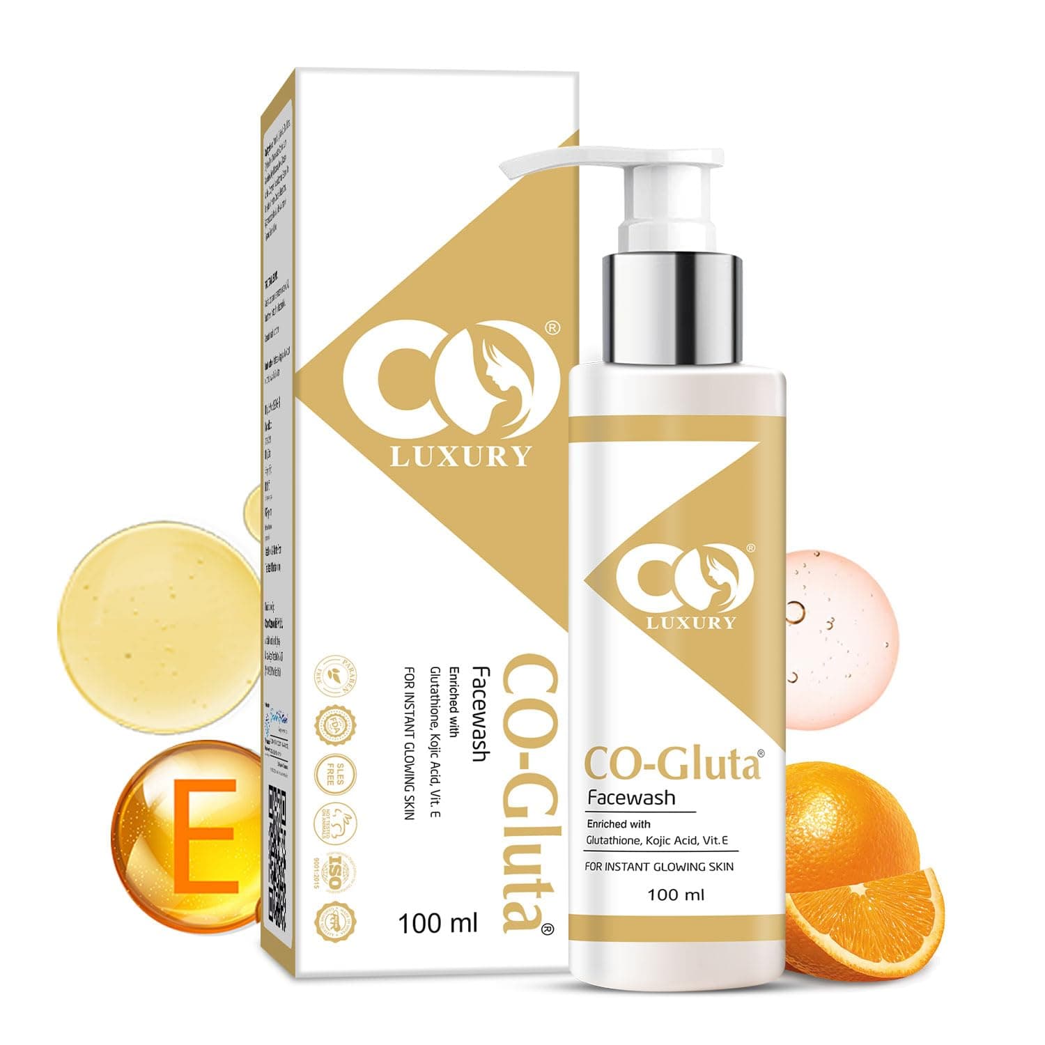 CO LUXURY Exfoliating Glutathione Face Wash | Anti-Pigmentation | Vitamin C & E, Kojic Acid | Skin Brightening, Oil Control, Hydrating & Tan Removal Cleanser - 100ml