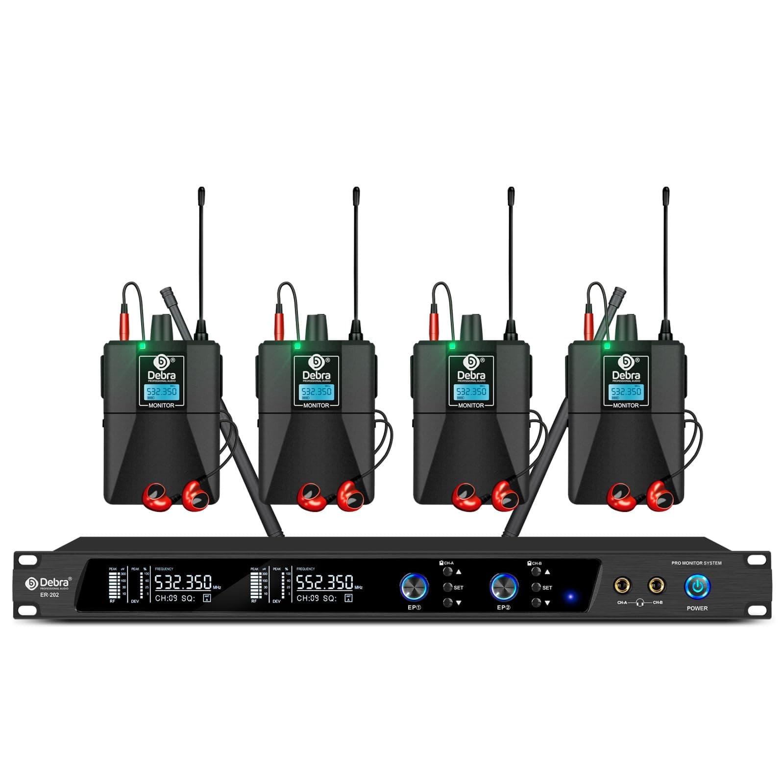 Audio PRO Mono ER-202 UHF Dual Channel Wireless in Ear Monitor System with Monitoring Type for Stage, Receiver, Studio, Guitar, Band Performance (Dual Channel, 4 Bodypack)