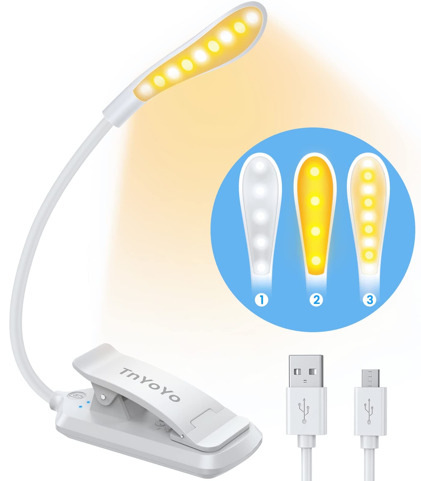 9 LED Book Light, Reading Light with Touch Control, USB Rechargeable Clip on Book, Eye-Protecting & 3 Brightness Modes, Flexible Lamp for Bed, Tablet, E-Reader, White (RL002)