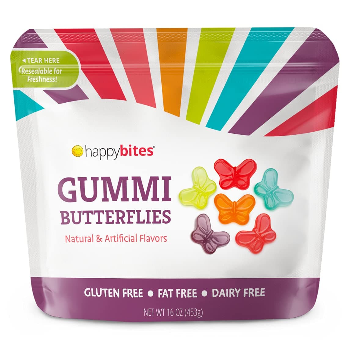 Happy Bites Gummi Butterflies - 6 Flavors - Zero Gluten, Fat, and Dairy - Resealable Pouch (1 Pound)