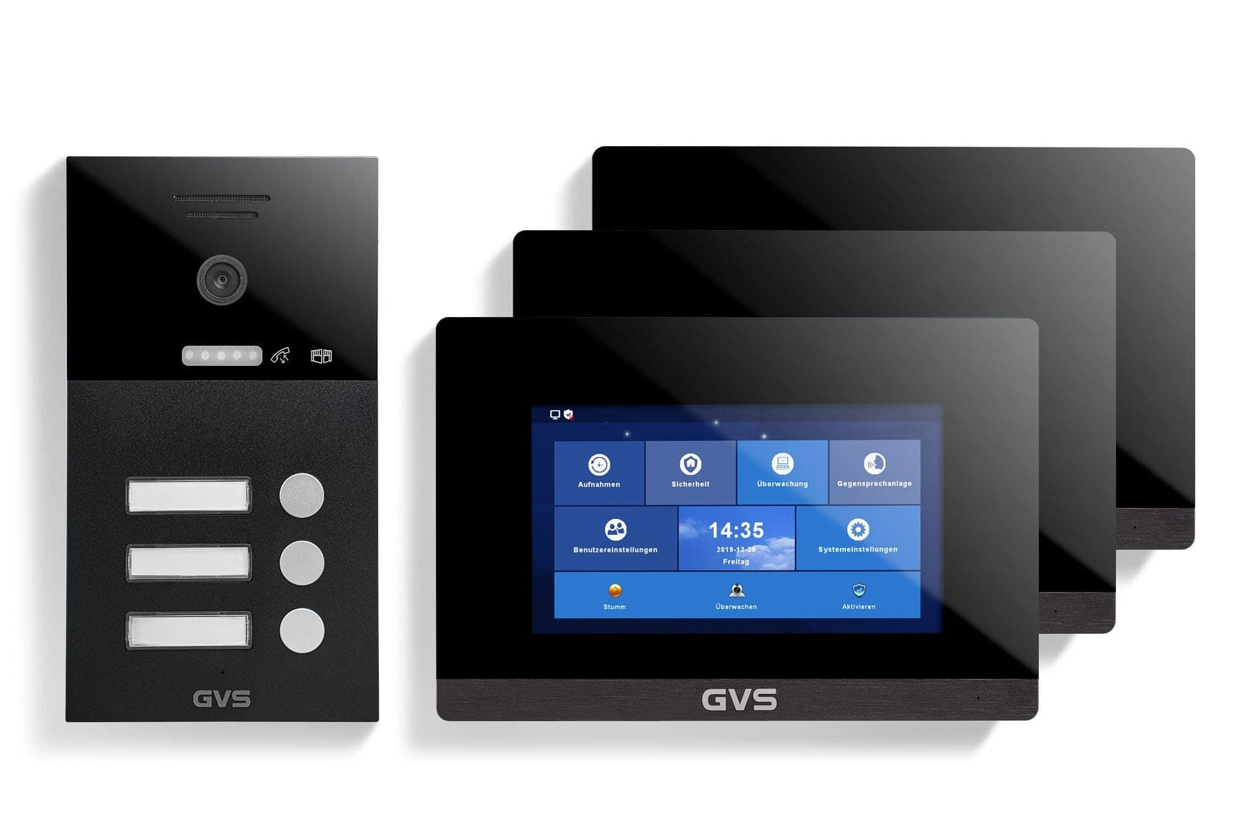 GVS IP Video Door Intercom, Flush-Mounted Door Station IP65, 3 x 7 Inch Monitor, App, HD Camera 150°, Door Opener Fect, 32GB Memory, PoE Switch, 3 Family House Set, AVS1291U