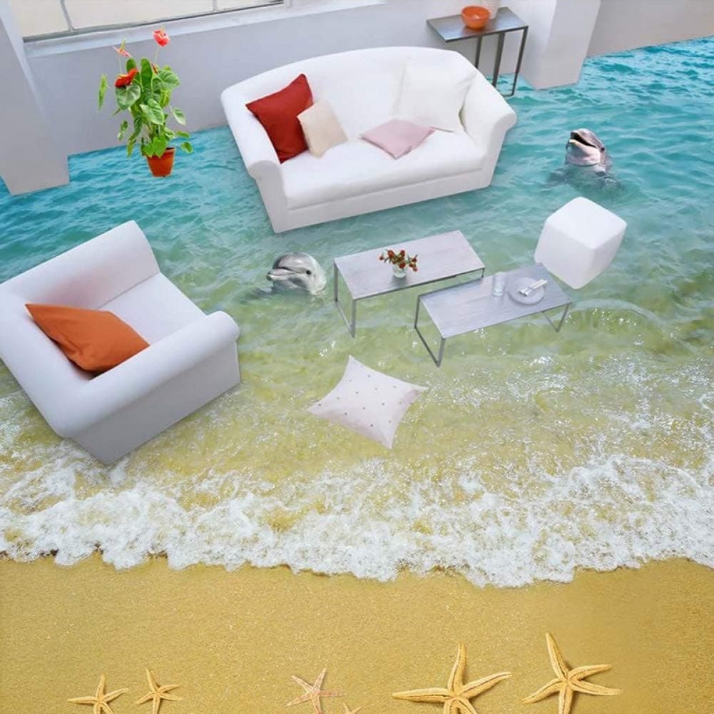 HUANG YA HUI Murals 3D Floor Mural Sandy Beach Sea Waves Ocean Dolphin Waterproof Self-Adhesive Vinyl Modern Living Room Bathroom