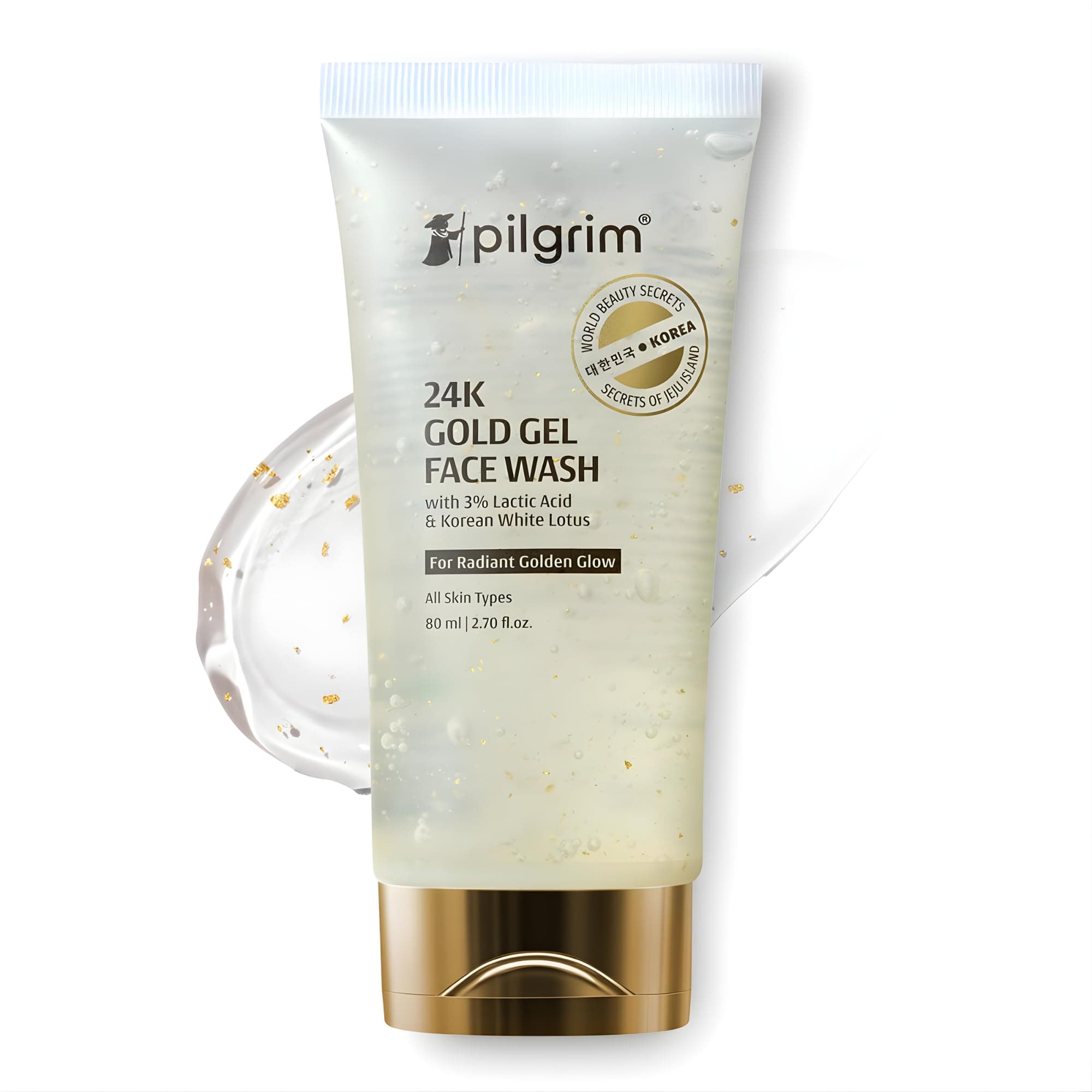 Pilgrim 24k Gold Gel Facewash with Korean White Lotus & Lactic Acid 80ml | Face wash for glowing skin | Reduce dark spot and improves skin texture | Removes dullness | For All Skin Types I For Women and Men