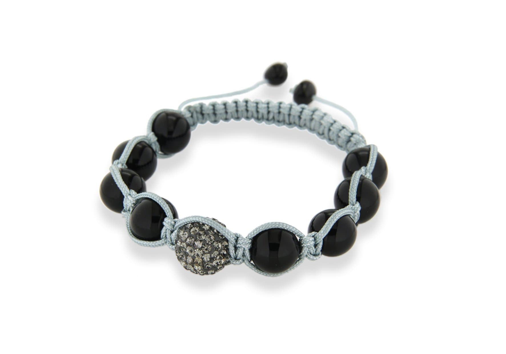 Black Shamballa Unisex Grey Cord Black Onyx Beads with Grey Crystals Adjustable Bracelet of 19cm/7.5"