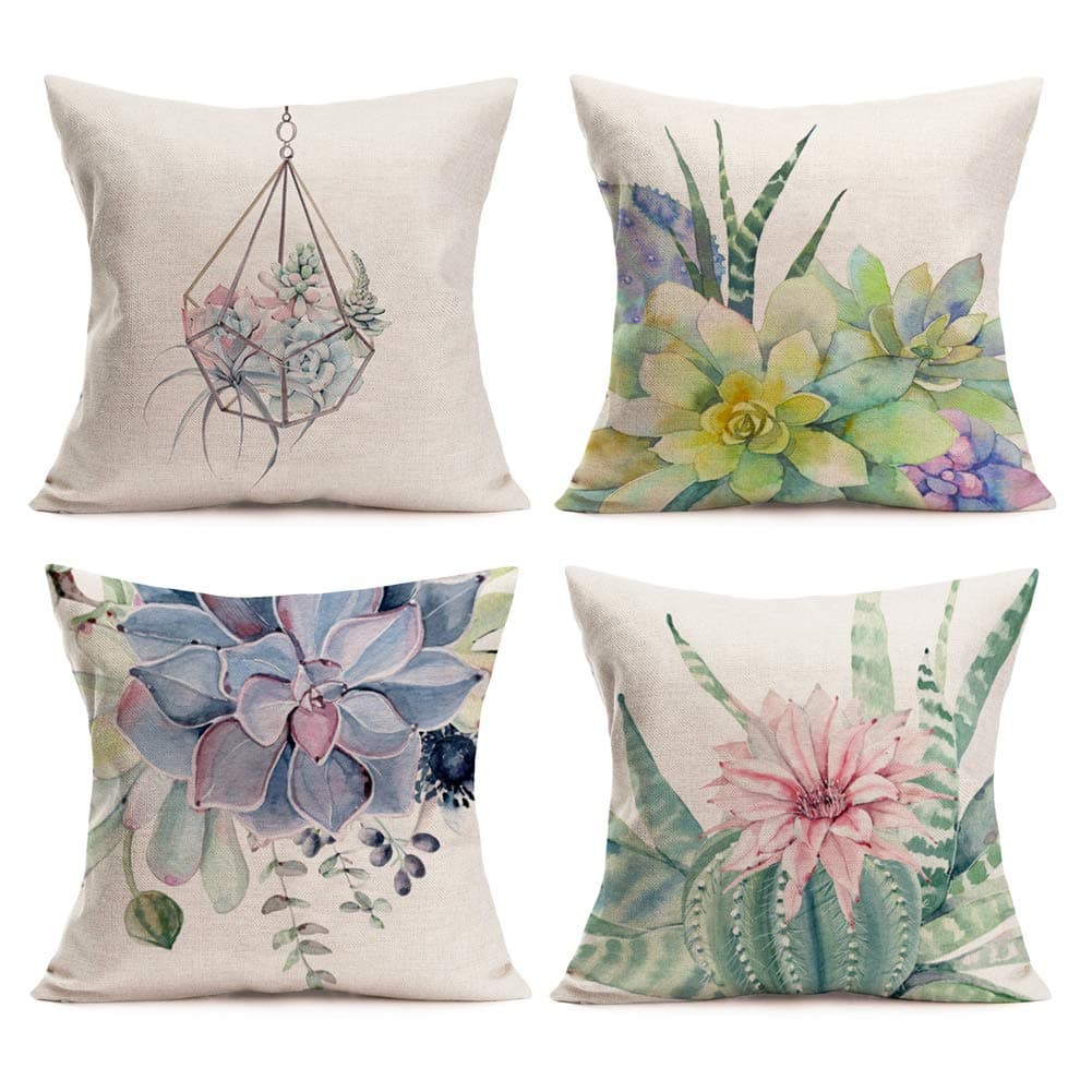 Aremazing Summer Style Colorful Succulents Plants Cactus Prickly Pear Home Décor Pillowcase Cotton Linen Throw Pillow Case Cushion Cover 18 x 18 Inches Set of 4,Birthday,Wedding Gift