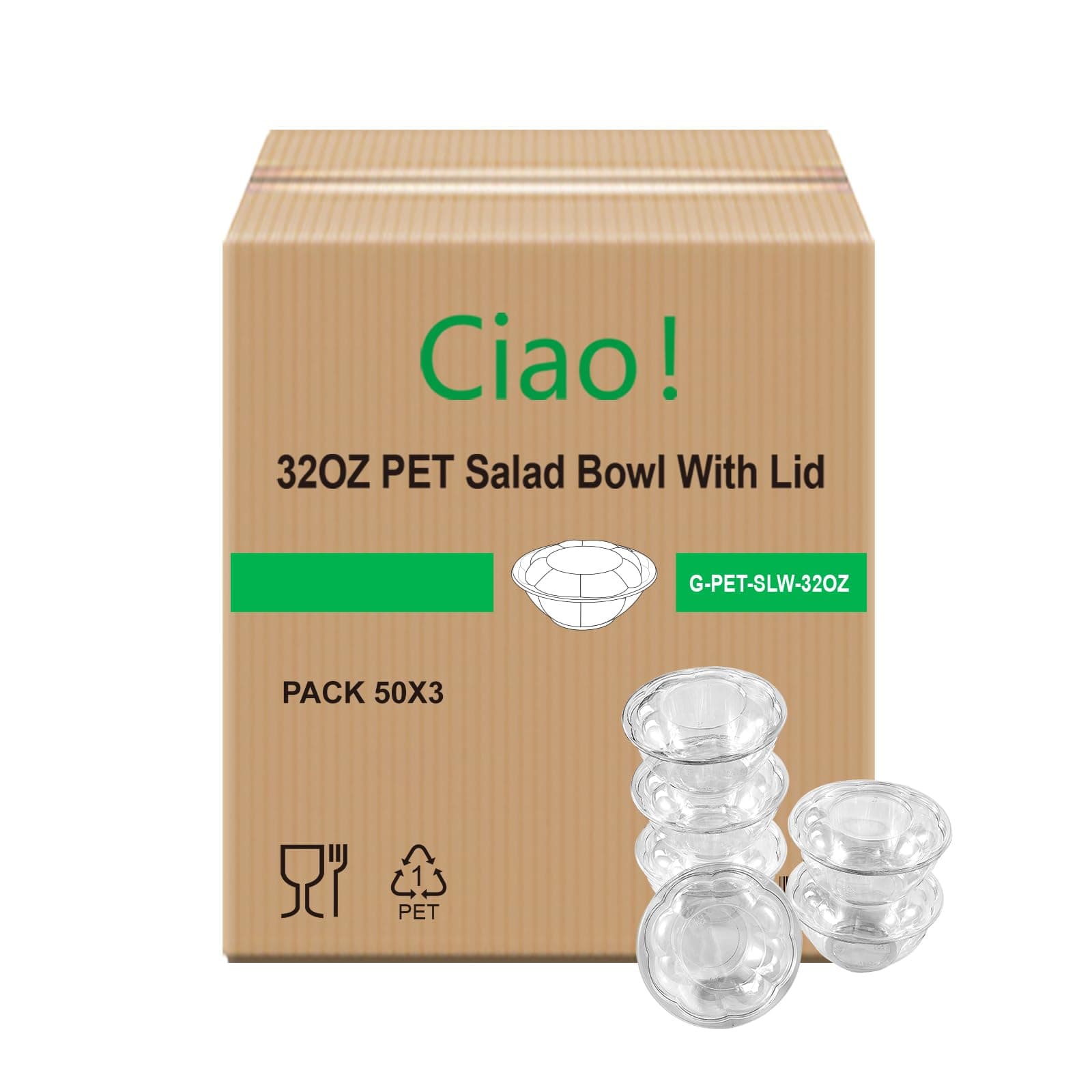 CIAO! 32 oz Clear PET Fruit and Salad Bowl with Rose Dome Lid (150/case)