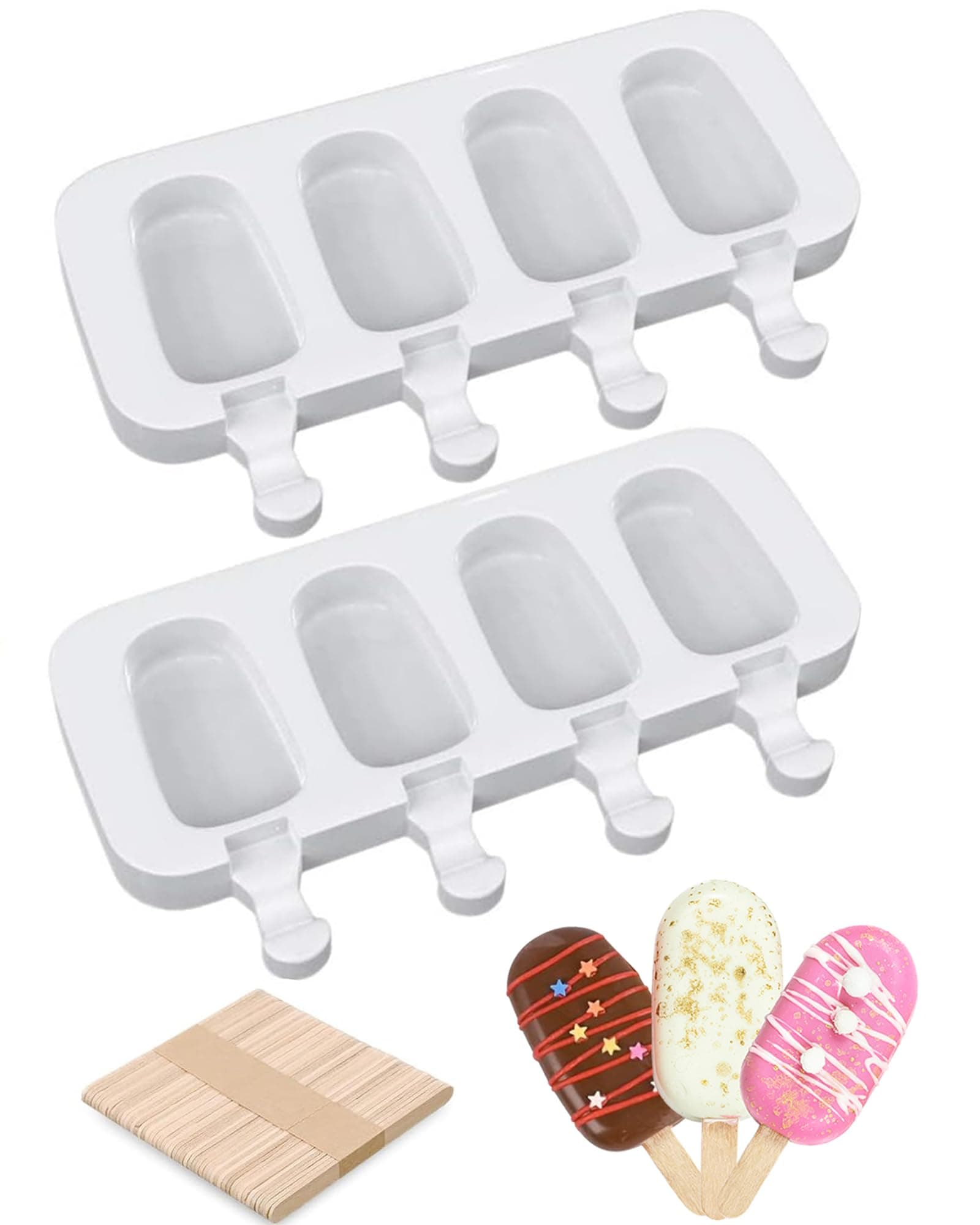 Ouddy Life Popsicle Molds Set of 2, Ice Pop Molds Silicone 4 Cavities Ice Cream Oval Cake Pop Mold with 50 Wooden Sticks for DIY Popsicle, Clear