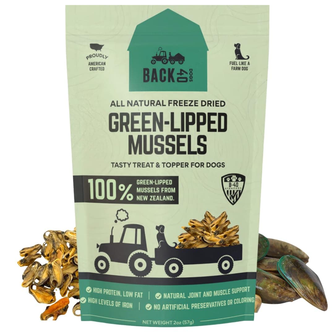 Back 40 Dogs Freeze-Dried Green Lipped Mussels for Dogs - Natural Hip & Joint Topper for Dogs & Cats- Omega-3, Glucosamine & Chondroitin for Healthy Joints, Skin & Coat - Single Ingredient (2oz)