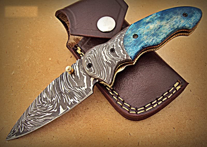 FN-A-96, Custom Handmade Damascus Steel 7.2 Inches Folding Knife - Beautiful Coloured Bone Handle with Damascus Steel Bolsters