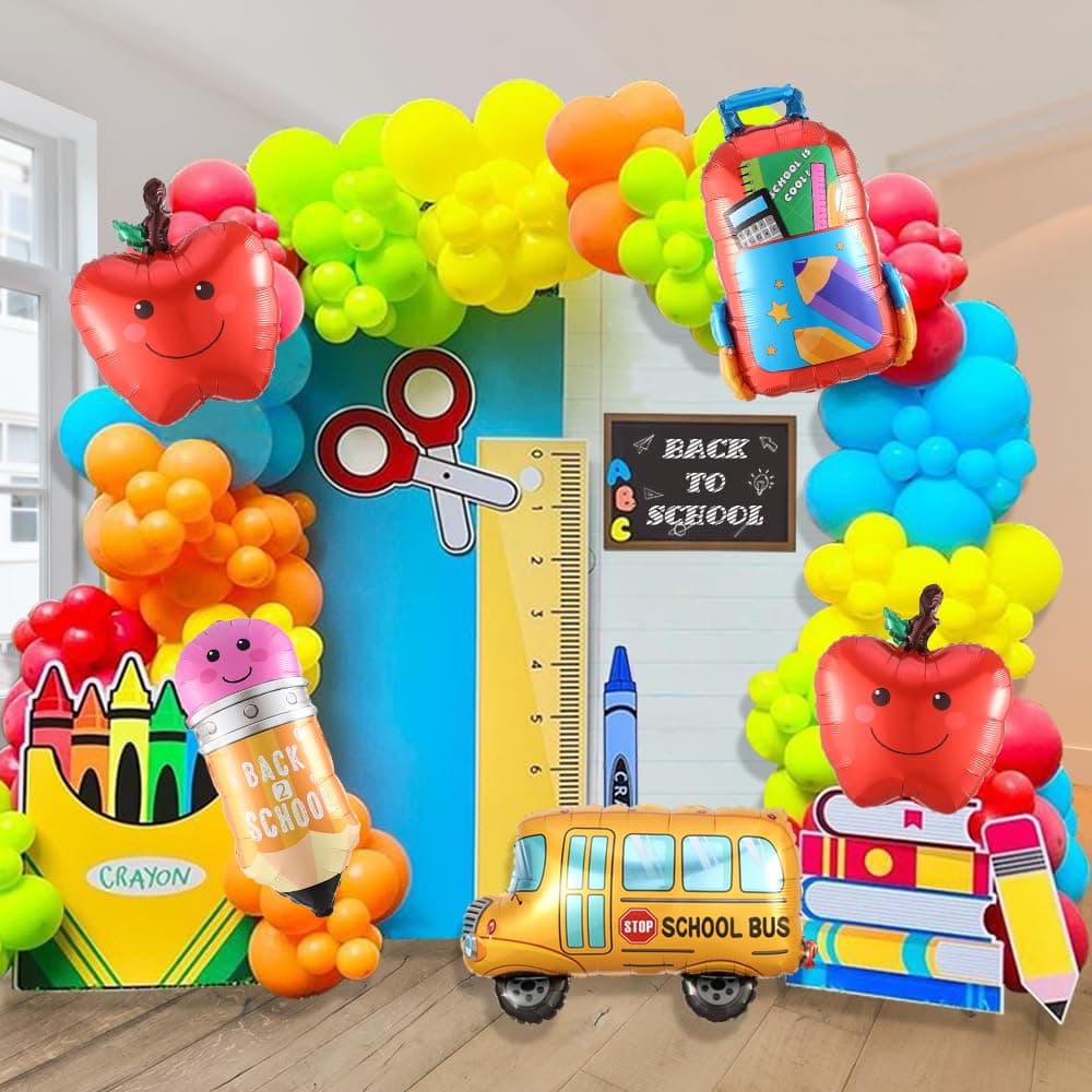 158pcs Back to School Balloon Garland Arch Kit, School Bus House Pencil Bag Foil Balloon with Rainbow Balloons for First Day of School Kindergarten Graduation Party Supplies